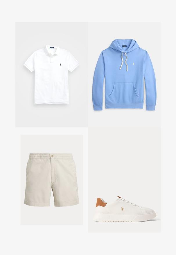 Hellblauer Kapuzenpullover mit Kängurutasche vorne, Kordelzugkapuze und gelb besticktem Logo. Hergestellt aus weichem Baumwollmaterial.; Weißes Poloshirt mit kurzen Ärmeln, Kragen, zwei Knöpfen und kleinem dunkelblau besticktem Logo auf der linken Brust.; Beige Baumwollshorts mit elastischem Bund, Knopfverschluss und Seitentaschen. Glatte Textur mit einem einfachen, klassischen Design.; Weißer Sneaker mit niedrigem Schaft, beige Fersenlasche, weißen Schnürsenkeln und kleinem, besticktem Polospieler-Logo an der Seite über einer dicken Sohle.
