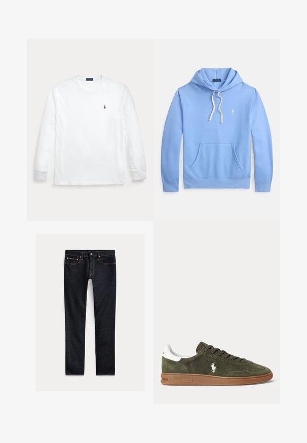 Hellblauer Kapuzenpullover mit Kängurutasche vorne, Kordelzugkapuze und gelb besticktem Logo. Hergestellt aus weichem Baumwollmaterial.; Weißes Langarmshirt mit Rundhalsausschnitt und kleinem besticktem Polo Ralph Lauren-Logo auf der linken Brust.; Dunkelblaue Slim-Fit-Jeans mit fünf Taschen, Knopfverschluss und Kontrastnähten, flach auf hellem Hintergrund ausgelegt.; Olivgrüner Wildleder-Sneaker mit brauner Gummisohle, weißem Fersenriegel, Schnürung vorne und weißem Ralph Lauren Polo Spieler-Logo auf der Seite.