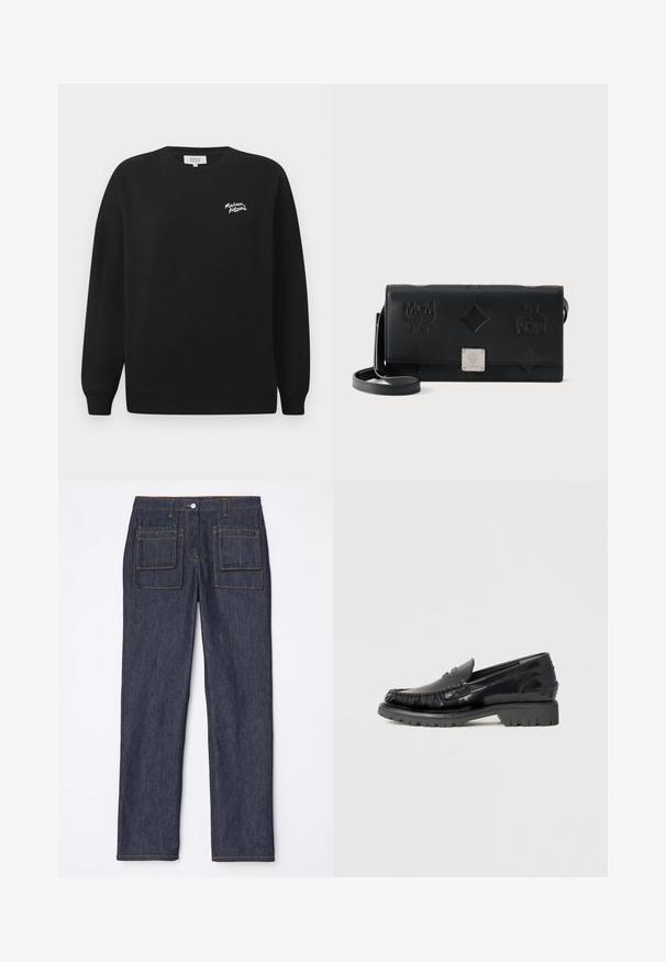 Sweat-shirt noir à manches longues et col rond avec un petit logo "maison kitsuné" brodé sur la poitrine gauche.; Jean en denim bleu marine avec une coupe droite, dotés de deux poches arrière et de surpiqûres orange contrastantes.; Mocassin en cuir noir avec dessus de style mocassin, détails à franges texturées, et semelle épaisse en caoutchouc noir. Finition lisse, bout arrondi.; Sac bandoulière rectangulaire en cuir noir avec logos embossés et motifs en losange, doté d'une plaque logo en métal argenté sur le rabat avant.