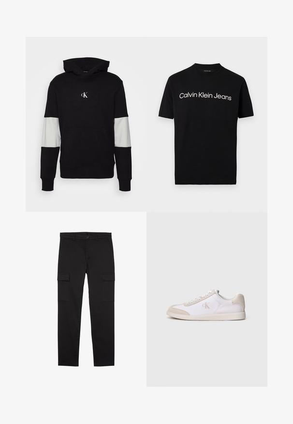 Hoodie noir avec une poche avant, des accents de panneau gris sur les manches et un petit logo blanc sur la poitrine. Texture en tissu douce.; T-shirt noir à manches courtes avec col rond, avec le texte blanc « Calvin Klein Jeans » centré sur la poitrine.; Pantalon cargo noir à jambes droites avec poches latérales à rabat, bouton devant, passants de ceinture et un design épuré et minimaliste.; Baskets basses blanches et beiges avec fermeture à lacets, accents en daim, et logo « cK » sur le côté, présentées de profil sur un fond uni.
