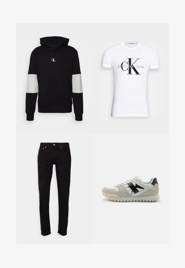 Sudadera negra con bolsillo frontal, acentos en panel gris en las mangas y un pequeño logotipo blanco en el pecho. Textura de tela suave.; Camiseta blanca de manga corta con gran logo de texto negro "cK" y gris "Calvin Klein Jeans" en la parte delantera.; Vaqueros negros de corte ajustado con cierre de botón y cremallera, bolsillos delanteros y traseros, mostrados sobre fondo blanco.; Zapatilla blanca con acentos en negro y beige, hecha de cuero y ante. Presenta una suela gruesa y un gran logotipo en el lateral.