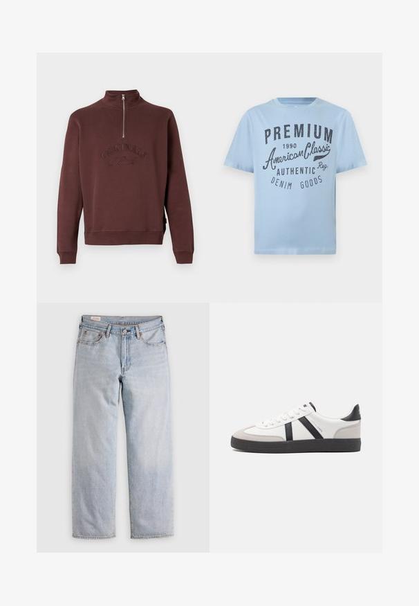 Bordový sweatshirt s vysokým golierom a polovičným zipsom, s embosovaným textom "ORIGINALS Studio" na prednej strane a rebrovanými manžetami.; Svetlomodré bavlnené tričko s potlačou v tmavomodrej farbe, na ktorej je nápis „Premium American Classic“ a „Denim Goods“. Dizajn s krátkym rukávom.; Svetlomodré rovné nohavice s vysokým pásom, zapínaním na gombík a prednými i zadnými vreckami, vystavené na rovnej ploche.; Biele tenisky s čiernymi a šedými akcentmi, s textúrovanou šedou špičkou, čiernou gumovou podrážkou a plochými bielymi šnúrkami. Čistý dizajn, minimalistický štýl.