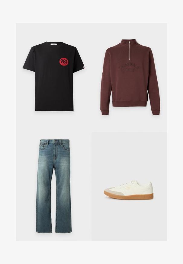 Bordeaux sweatshirt med høj krave og halvlukning, med præget "ORIGINALS Studio" tekst på forsiden og ribbede ærmer.; Sort bomulds T-shirt med korte ærmer, der har et rødt cirkulært print, som inkluderer tallene "981" og ordet "REPLAY."; Lysblå denim jeans med lige ben, let falmet, fem lommer og bæltestropper. Har stikninger som accent og knaplukning.; Sneaker lavet af hvid læder med en beige tåhætte og let brunt gummisål. Har flade hvide snørebånd og prægede branding på siden.