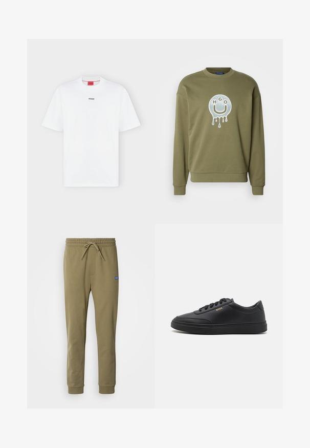 Olivgrüner Sweatshirt mit einem Rundhals-Ausschnitt und überschnittenen Schultern. Mit einem glanzvollen, tropfenden Smiley-Gesicht-Design in der Mitte.; Weißes T-Shirt mit kurzen Ärmeln und kleinem schwarzem "HUGO" Logo mittig auf der Brust und einem roten Etikett innen im Kragen.; Olivgrüne Jogginghose mit elastischem Bund und Kordelzug. Verfügt über Seitentaschen und gerippte Bündchen. Aus weichem, dehnbarem Material gefertigt.; Schwarze Leder-Sneaker mit glatter Textur, runder Zehenpartie, flacher Gummisohle und einfarbigen Schnürsenkeln. Mit goldfarbenem "BOSS" Logo an der Seite.