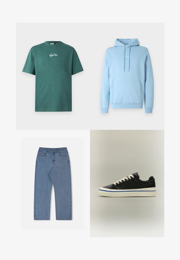 Lyseblå hættetrøje i blød bomuld med forlomme og snøre i hætten. Minimalistisk design med logodetalje på brystet.; Grøn bomuld T-shirt med rund hals og korte ærmer. Har hvid, kursiv tekst "high tea" på forsiden. Enkel design, ingen mønstre.; Lyseblå denimjeans med løs pasform, lige ben, fem lommer og lukning med knap. Har et diskret rødt logo på forlommen.; Sort lavsko med hvide snørebånd, hvid sål med blå stribe og "HUGO" logo på siden mod en ensfarvet baggrund.