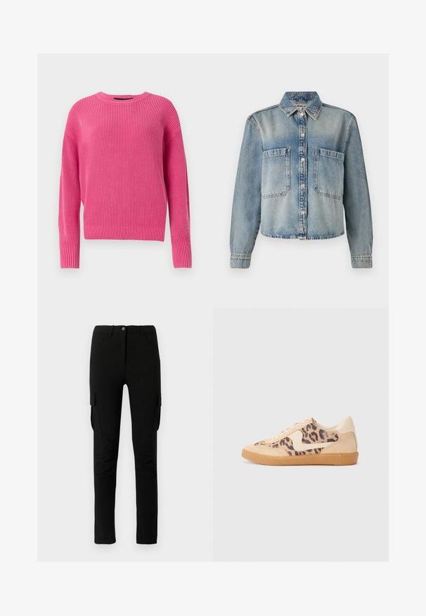 Roze, gebreide trui met een ronde halslijn, lange mouwen en ribbelstructuur. Het ontwerp heeft een licht cropped snit.; Lichtblauwe spijkerjack met een puntige kraag, knoopsluiting en twee borstzakken. Heeft lange mouwen en een licht verkorte snit.; Zwarte cargobroek met een slim fit, voorzien van zijzakken, een knoopsluiting en een gladde, licht gestructureerde stof.; Luipaardprint sneakers met een beige suède bovenkant, tan rubberen zool en witte accenten. Ronde neus en vetersluiting met een gestructureerde afwerking.