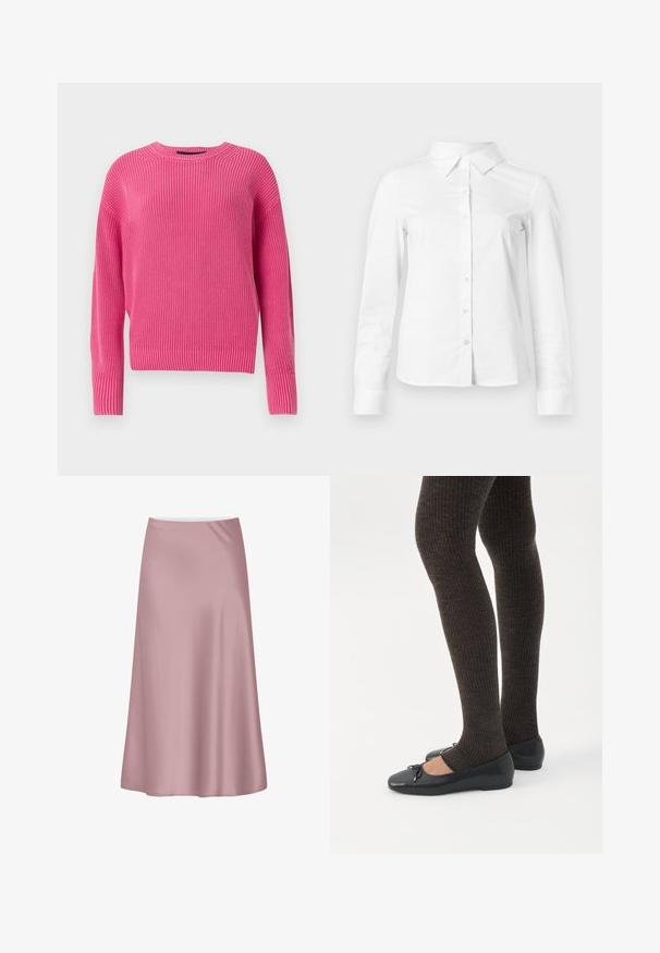 Jersey de punto rosa con un escote redondo, mangas largas y textura acanalada. El diseño presenta un corte ligeramente cropped.; Camisa blanca de manga larga con botones, cuello puntiagudo, bajo recto y silueta ajustada, presentada sobre un fondo claro y liso.; Falda midi de satén rosa suave con una silueta en línea A y una tela lisa y fluida.; Piernas con leggings oscuros acanalados combinados con bailarinas negras que presentan pequeños detalles de lazo sobre un fondo blanco.