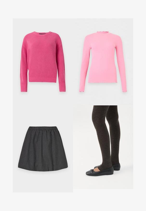 Lyserød, strikket sweater med rund halsudskæring, lange ærmer og ribbet struktur. Designet har en let cropped skæring.; Pink langærmet ribbet top med flæsekant på krave, manchetter og kant, vist mod en ensartet lys baggrund.; Sorte stribede nederdel med elastisk talje, har lodrette hvide pinstriber, svajet design og glat tekstur. Velegnet til afslappet brug.; Ben iført mørke ribbede leggings kombineret med sorte balletsko med små sløjfedetaljer på hvid baggrund.
