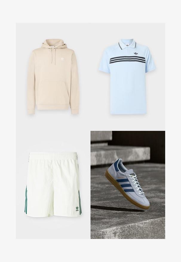 Beige-colourinen pehmeästä kankaasta valmistettu huppari, jossa on kengurutasku, kiristysnauhalla säädettävä huppu ja valkoinen Adidas-logo rinnassa. Pitkät hihat resoreilla.; Vaaleansininen polopaita, joka on valmistettu teksturoidusta kankaasta ja jossa on mustat korosteraidat sekä musta logo rinnassa. Mallissa on kauluksellinen kaulussuunnittelu.; Valkoiset shortsit, joissa on joustava vyötärö, ja sivuilla vihreitä pystysuoria raitoja sekä vihreä brodeerattu Adidas-logo.; Vaaleansiniset Adidas Spezial -lenkkarit tummansinisillä raidoin ja kumipohjalla, esitetty ilmassa betonportaiden yllä neutraalissa ulkoilmaympäristössä.
