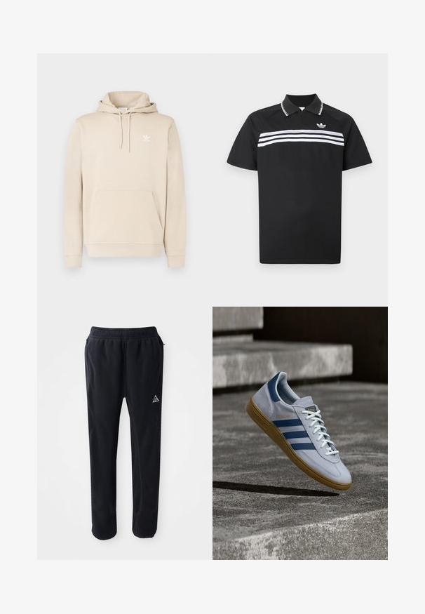 Béžová mikina s kapucňou z mäkkého materiálu s kangaroo vreckom, kapucňou so šnúrkami a bielym logom Adidas na hrudi. Dlhé rukávy s rebrovanými manžetami.; Čierne polokošeľa so zipsovým golierom, s tromi bielymi horizontálnymi pruhmi cez hruď a malým logom na ľavej hornej strane.; Čierne športové nohavice z mäkkého a textúrovaného materiálu, s elastickým pásom, bočnými vreckami a trojuholníkovou logovou akcentáciou na stehne.; Svetlomodrá teniska Adidas Spezial s námorníckymi modrými pruhmi a gumovou podrážkou, zobrazená vo vzduchu nad betónovými schodmi v neutrálnej vonkajšej scéne.