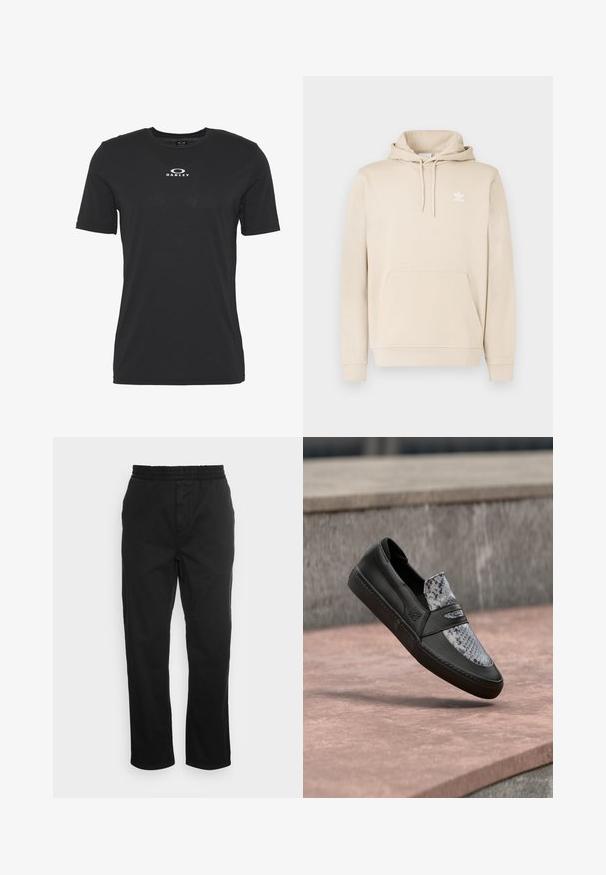 Beige-colourinen pehmeästä kankaasta valmistettu huppari, jossa on kengurutasku, kiristysnauhalla säädettävä huppu ja valkoinen Adidas-logo rinnassa. Pitkät hihat resoreilla.; Musta puuvillapaita, jossa on pyöreä kaula-aukko, lyhyet hihat ja valkoinen "Oakley"-logo edessä. Sileä rakenne, normaali istuvuus.; Mustat puuvillaiset housut, joissa on joustava vyötärönauha, suorat lahkeet ja sivutaskut. Sileä pinta ilman kuvioita tai korostuksia.; Musta nahkainen liukusäädin, jossa harmaa käärmeen nahkaprintti päällisosassa, leijuu porrastetun betonipinnan yllä.