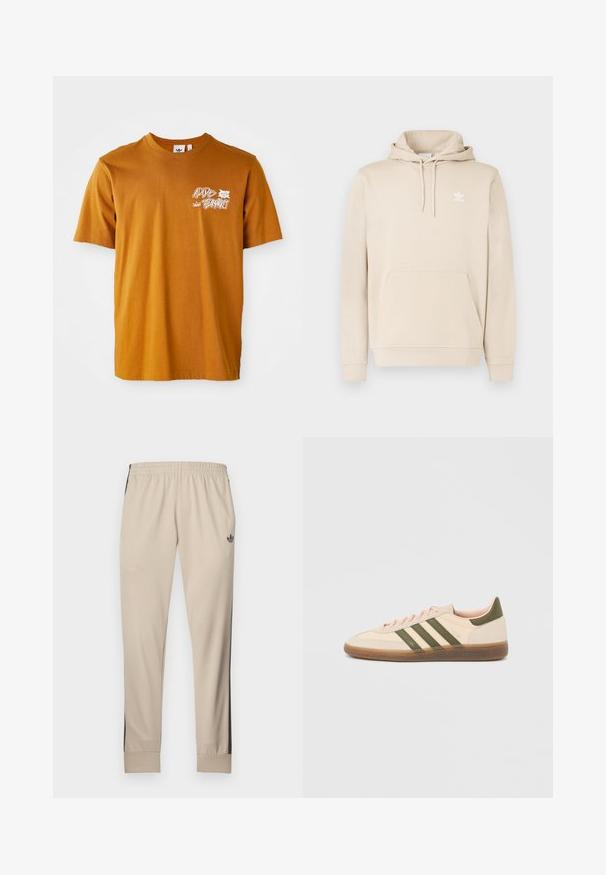 Beige hættetrøje lavet af blødt stof med en kengurulomme, snøre i hætten og et hvidt Adidas-logo på brystet. Lange ærmer med ribstrikkede manchetter.; Brun bomulds t-shirt med rund hals, korte ærmer, med hvid grafisk tekst og bladdesign på forsiden.; Beige træningsbukser med sorte sidepaneler, elastisk linning og tilspidsede manchetter. Fremstillet af blødt stof og med en lille logo ved hoften.; Beige Adidas Spezial sneaker med lav profil, grønne striber, gummisål og "SPEZIAL"-branding på siden, vist fra ydersiden.