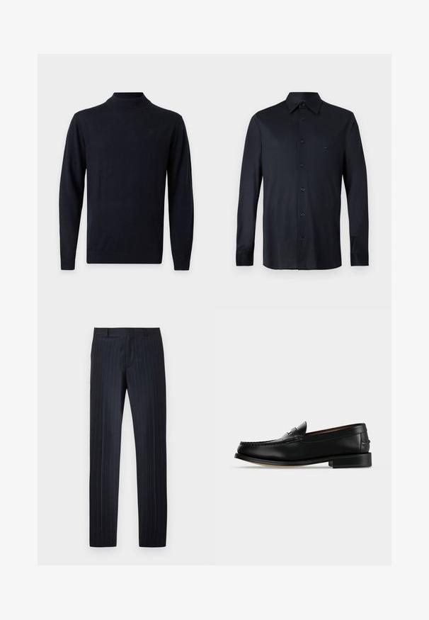 Pull noir à manches longues avec col rond haut, poignets et ourlet côtelés sur un fond uni gris clair.; Chemise noire à manches longues avec col pointu et petit logo brodé sur la poitrine gauche sur un fond uni.; Pantalon de costume bleu marine avec fines rayures blanches, passants de ceinture et fermeture éclair à l'avant, présenté sur un fond blanc uni.; Mocassin homme en cuir noir avec un petit talon et une couture de style mocassin sur l'avant, vu de côté sur un fond uni.