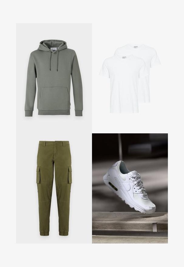 Hætte sweatshirt i dæmpet grøn, lavet af blødt stof. Har en kengurupose, ribbede manchetter og snor til justering af hætten.; To ensfarvede hvide T-shirts med korte ærmer og rund hals, der overlapper hinanden på en hvid baggrund.; Olivengrønne cargo-bukser med elastiske manchetter, der har to sidelommer, en frontlukning med knap og et glat, let materiale.; Hvide Nike Air Max 90 sneakers med en overdel i mesh og læder, perforeret tåboks og en synlig luftenhed i hælen.