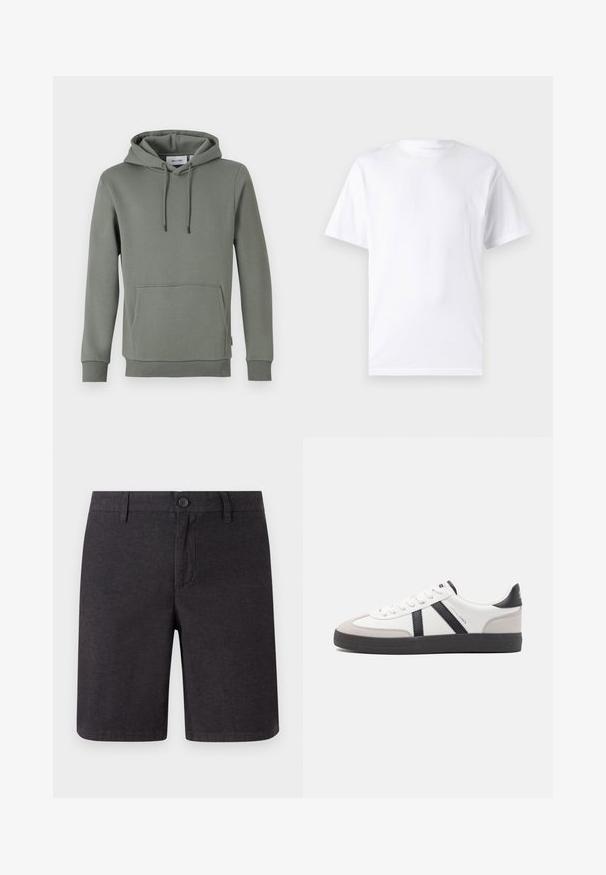 Sweatshirt à capuche en vert atténué, fabriqué en tissu doux. Comprend une poche kangourou, des poignets côtelés et un cordon de serrage pour ajuster la capuche.; T-shirt blanc à manches courtes en coton avec un col rond, présentant une texture lisse et un design simple, sans motifs ni accents.; Shorts gris foncé en tissu tissé, dotés d'une fermeture à bouton, de passants de ceinture et d'une coupe droite, avec des ourlets nets et des poches latérales.; Baskets blanches avec des accents noirs et gris, présentant un embout texturé gris, une semelle en caoutchouc noir et des lacets plats blancs. Design épuré, style minimaliste.