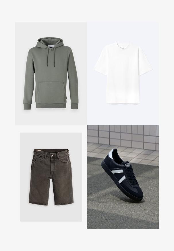 Hætte sweatshirt i dæmpet grøn, lavet af blødt stof. Har en kengurupose, ribbede manchetter og snor til justering af hætten.; Enkel hvid T-shirt med korte ærmer og rund hals med afslappet pasform, vist på en lys baggrund.; Mørkegrå denimshorts med normal pasform, der har fem lommer, knaplukning og en struktureret talje. Blød tekstur, rent design.; Sort lædersneaker med hvide striber, tekstureret gummisål og snørrebånd foran. Har et brandet mærke på tungen.