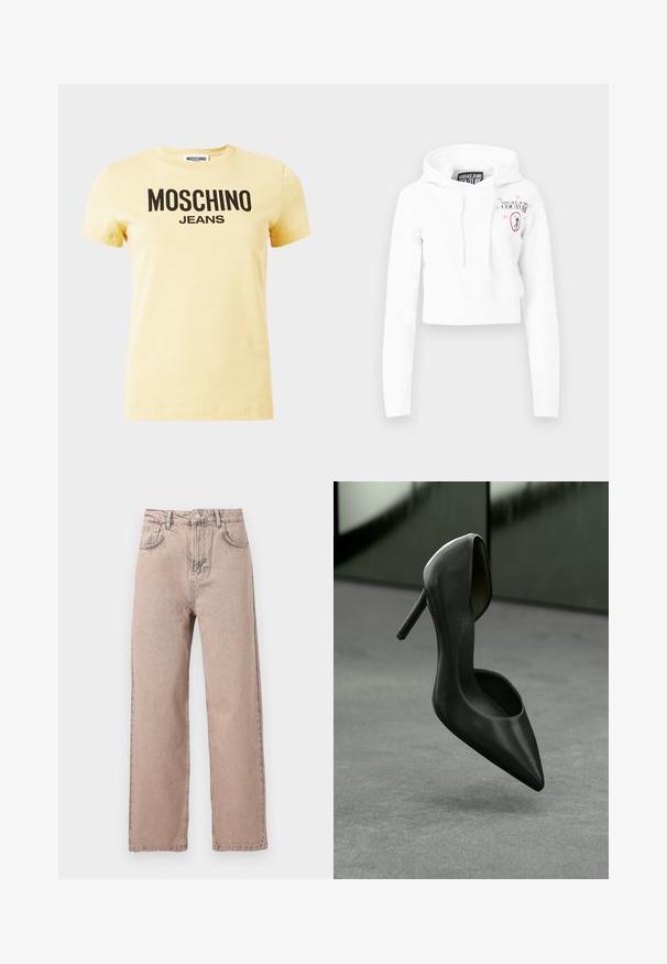 Sweat à capuche court blanc à manches longues, capuche avec cordon de serrage, et logo rose "Versace Jeans Couture" avec étoiles et emblème de Méduse sur la poitrine.; T-shirt à manches courtes jaune clair avec le texte logo "MOSCHINO JEANS" en noir centré sur le devant, sur un fond uni.; Jean beige taille haute à jambes droites avec bouton frontal, passants pour ceinture et design classique à cinq poches sur fond uni.; Chaussure à talons hauts en cuir noir avec un bout pointu et un col courbé, dotée d'un talon aiguille mince et d'une texture lisse et brillante.