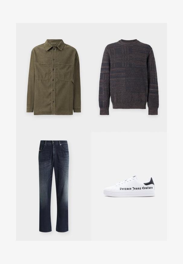 Dunkelgrauer Strickpullover mit unterschiedlichen strukturierten Mustern, langen Ärmeln und gerippten Bündchen und Saum vor weißem Hintergrund.; Olivgrünes Cordhemd-Jackett mit spitzem Kragen, vorderem Knopfverschluss und zwei Brusttaschen mit Klappe.; Dunkelblaue Jeans mit geradem Bein, mit ausgewaschenem Look und vorderen Taschen, vor einem einfachen hellen Hintergrund dargestellt.; Weißer Sneaker mit niedrigem Schnitt, schwarzem Fersenlasche, Schnürdesign und dem Schriftzug "Versace Jeans Couture" in Schwarz auf der Seite gedruckt.