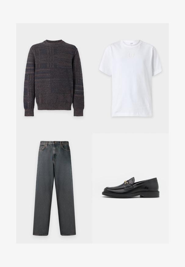 Mørkegrå strikket sweater med varierede teksturmønstre, lange ærmer og ribstrikkede manchetter og kant mod hvid baggrund.; Hvid T-shirt med korte ærmer og rund halsudskæring med præget GAP-logo centreret på brystet mod en ensfarvet baggrund.; Mørkegrå denimjeans med lige ben, fem lommer og en knap- og lynlås-lukning. Stofmet har diskret falming og syninger.; Sorte læder loafers med en rund tå, der har guld hardware accent og syningsdetaljer, placeret på en lav, tekstureret gummisål.