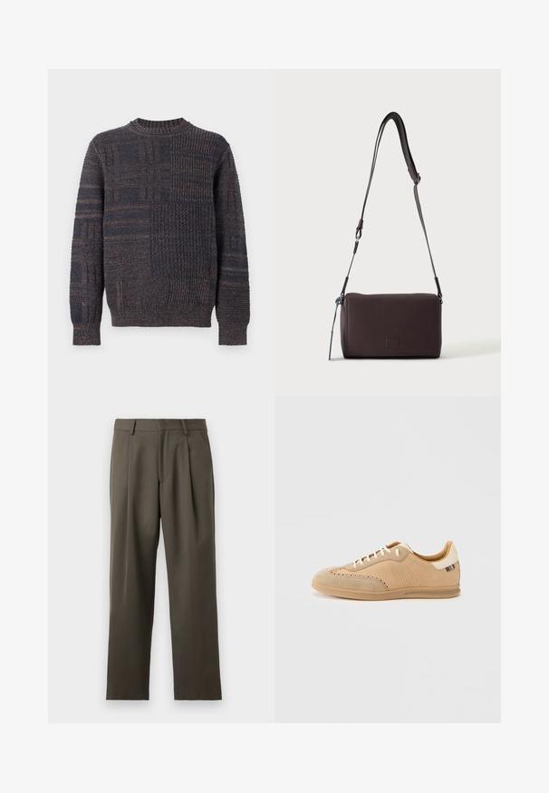 Pull en maille gris foncé avec motifs texturés variés, manches longues et poignets ainsi qu'ourlet côtelés sur fond blanc.; Pantalons de couleur vert olive foncé, coupe ajustée, devant plissé, tissu léger, design à jambes droites, avec une texture lisse et sans embellissements visibles.; Baskets en daim beige avec des détails perforés, des lacets crème et une semelle texturée marron clair, avec un accent de couleur contrastante au talon.; Sac bandoulière en cuir marron foncé texturé avec une sangle réglable et un petit accent décoratif bleu sur le côté.