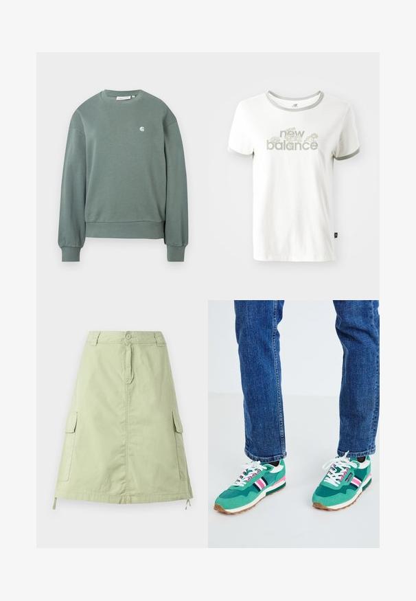 Vihreä crewneck-huppari pitkillä hihoilla, ribatut hihansuut ja helma, jossa on pieni valkoinen logo vasemmassa rinnassa.; Valkoinen puuvillainen t-paita harmailla yksityiskohdilla, jossa on kukkakuvio ja vaaleanvihreät tekstit "new balance". Lyhyet hihat, normaali malli.; Vaaleanvihreä puuvillainen polvipituinen hame, jossa on kaksi sivutaskua, nappisulku ja rento suora malli. Yksinkertainen kuvio.; Vihreät urheilukengät, joissa on valkoisia ja laivaston sinisiä yksityiskohtia, vaaleanpunaiset raidat ja teksturoitu kangas. Valkoisilla kengännauhoilla varustetut; kumipohja.