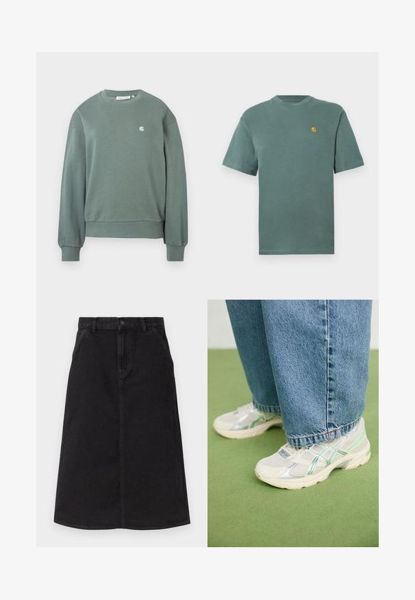 Vihreä crewneck-huppari pitkillä hihoilla, ribatut hihansuut ja helma, jossa on pieni valkoinen logo vasemmassa rinnassa.; Vihreä puuvillapaita, jossa on pyöreä kaulus ja lyhyet hihat. Vasemmassa rinnassa on pieni keltainen logo. Pehmeä rakenne, rento muotoilu.; Musta polvipituinen farkkuhame, jossa on etutaskut, vyölenkit ja keskinäppäys.; Valkoiset ja hopeiset verkkomatskivat kengät vihreillä yksityiskohdilla, jotka on yhdistetty väljien sinisten farkkujen kanssa ja jotka seisovat vihreällä matolla.