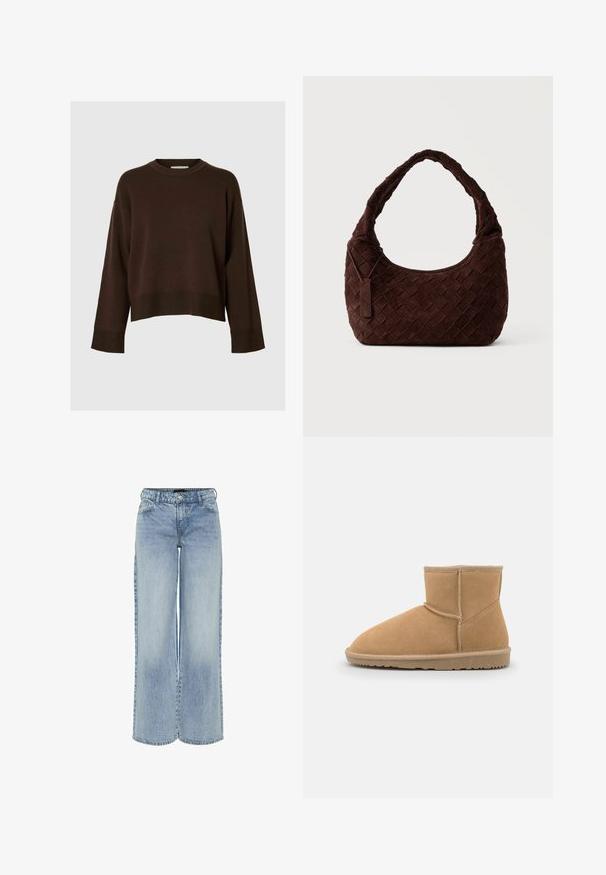 Brauner, kurz geschnittener Pullover mit langen Ärmeln, geripptem Saum, klassischem Rundhalsausschnitt, weicher Textur und minimalistischen Design.; Hellblaue weit geschnittene Denim-Jeans mit hoher Taille, fünf Taschen und subtiler Ausbleichung. Verfügt über Gürtelschlaufen und einen Reißverschluss.; Beige Wildleder-Ankle-Boot mit abgerundeter Zehenpartie und gepolsterter Lasche, versehen mit kontrastierenden Nähten und einer strukturierten Gummisohle.; Dunkelbraune gewebte Leder-Schultertasche mit weicher, abgerundeter Form und breitem Tragegriff, mit kleinem angebrachtem Lederanhänger.