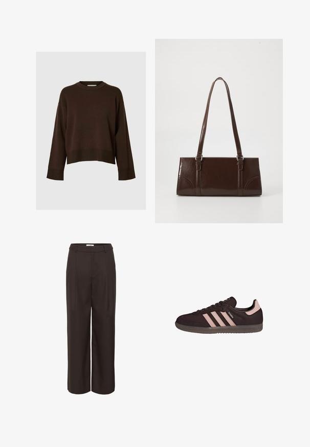 Brun cropped sweater med lange ærmer, ribbet kant, klassisk rund hals, blød tekstur og minimalistisk design.; Brune vide ben bukser lavet af et glat stof. Har en høj talje, frontplisseringer og sidelommer for funktionalitet.; Sort ruskindsneaker med tre lyserøde striber, rund snude, gummisål og polstret krave. Har præget branding på siden og tungen.; Brun lakeret håndtaske med rektangulær form, to lange håndtag og subtile buede detaljer på fronten.