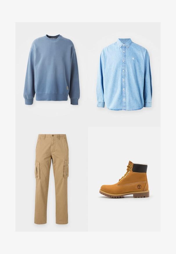 Lyseblå sweatshirt lavet af blødt stof, med rund hals, lange ærmer, ribbede manchetter og kant, samt et lille logotag nær bunden.; Lysel blå denim skjorte med knapper og lange ærmer, spids krave og et lille logo på venstre bryst. Har en afslappet pasform og klassisk design.; Beige cargobukser med to sidelommer, knaplukning, lige ben og et blødt, tekstureret stof.; Brune læder ankelstøvle med metaløjer, hvid pelsforing, sort polstret krave, robust sål og præget logo på siden.