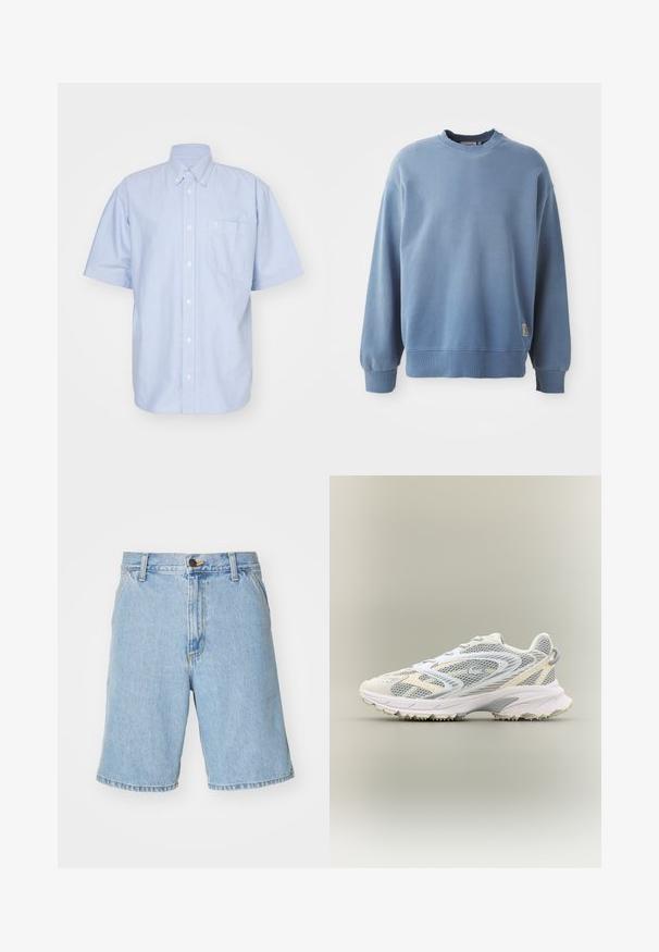 Sweatshirt bleu clair en tissu doux, avec un col rond, des manches longues, des poignets et un ourlet côtelés, et une petite étiquette de logo près du bas.; Chemise à manches courtes bleu clair en tissu coton. Dotée d'un col et d'une poche avant. Design simple et uni.; Shorts en denim bleu clair avec une coupe décontractée, dotés d'une fermeture éclair, d'un bouton et de quatre poches. Le tissu a une texture lisse.; Chaussure de sport blanche avec des panneaux en mesh gris, des superpositions texturées, un col rembourré et une semelle en caoutchouc dotée de petites pointes de traction.
