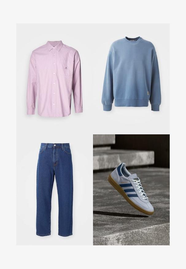 Sudadera de color azul claro hecha de tejido suave, con cuello redondo, mangas largas, puños y dobladillo acanalados, y una pequeña etiqueta de logo cerca de la parte inferior.; Camisa de botones de manga larga en rosa claro con rayas verticales blancas, tela de algodón, cuello, bolsillo frontal y detalle de logo en el bolsillo.; Vaqueros de tiro alto de algodón, con una silueta de pierna recta, costuras visibles y un cierre de botón en la parte delantera.; Zapatilla Adidas Spezial azul claro con rayas azul marino y suela de goma, mostrada en el aire sobre escalones de hormigón en un entorno exterior neutral.