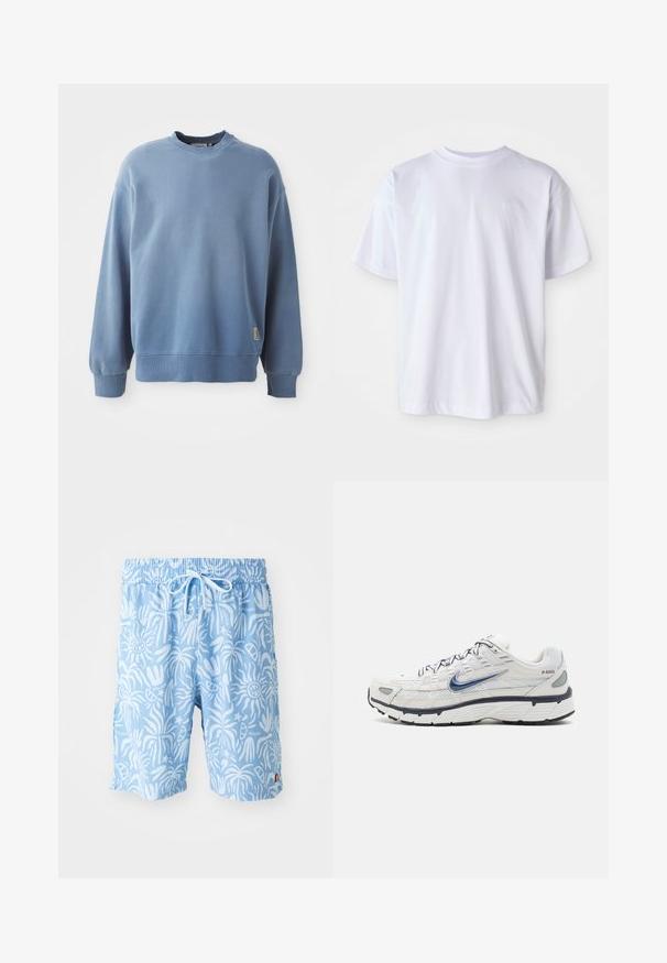 Sweatshirt bleu clair en tissu doux, avec un col rond, des manches longues, des poignets et un ourlet côtelés, et une petite étiquette de logo près du bas.; T-shirt en coton blanc avec un col rond et des manches courtes. Présente un logo subtil brodé de la même couleur sur la poitrine gauche.; Shorts de bain bleu clair avec un motif abstrait blanc, taille élastique et cordon de serrage. Logo sur le devant à gauche et fentes sur les côtés à l'ourlet.; Nike Sportswear P 6000 - Baskets basses - phantom/obsidian/summit white/white/black/metallic silver