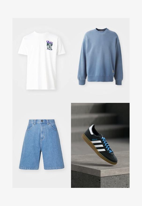 Hellblauer Pullover aus weichem Material, mit Rundhalsausschnitt, langen Ärmeln, gerippten Bündchen und Saum sowie einem kleinen Logoschild nahe dem Saum.; Weißes Baumwoll-T-Shirt mit einem grafischen Druck in Lila, der eine sitzende Figur zeigt, mit dem Text "Obey" und "Stop Worry Now!" in Schwarz.; Hellblaue Denim-Shorts mit lockerer Passform, hohem Bund, Fünf-Taschen-Design und dezentem Verblassen. Mit Knopfverschluss und Gürtelschlaufen.; Schwarzer Adidas-Sneaker mit weißen Streifen, blauen Schnürsenkeln und Gummisohle, der über einer grauen Betontreppe im weichen Licht schwebt.