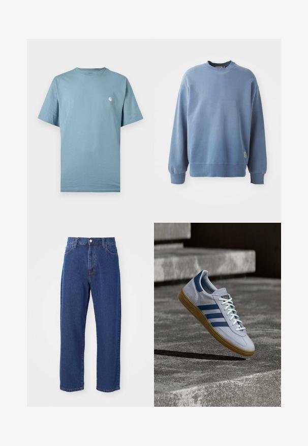 Lichtblauwe sweatshirt gemaakt van zachte stof, met een ronde hals, lange mouwen, ribgebreide boorden en zoom, en een klein logolabel nabij de onderkant.; Lichtblauw T-shirt met korte mouwen en ronde hals, met een klein wit logo op de linkerborst, weergegeven tegen een effen achtergrond.; Hoge taille blauwe jeans van denim, met een rechte pijp silhouet, zichtbare stiksels en een sluiting met een voorknoop.; Lichtblauwe Adidas Spezial sneaker met marineblauwe strepen en rubberen zool, getoond in de lucht boven betonnen trappen in een neutrale buitenomgeving.
