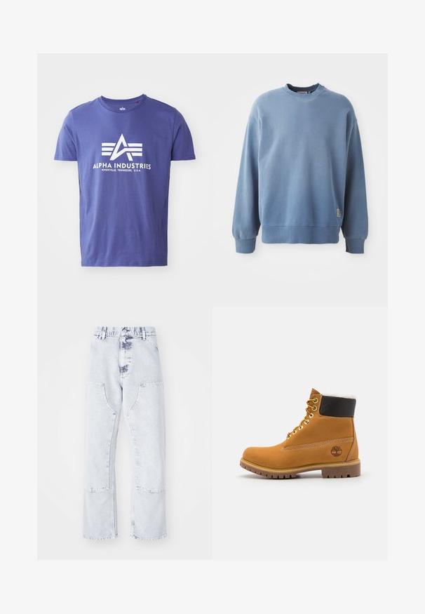 Hellblauer Pullover aus weichem Material, mit Rundhalsausschnitt, langen Ärmeln, gerippten Bündchen und Saum sowie einem kleinen Logoschild nahe dem Saum.; Lila Baumwoll-T-Shirt mit kurzen Ärmeln, das ein weißes Logo mit "ALPHA INDUSTRIES" und einem geometrischen Design zeigt.; Hellblaue Denim-Jeans im Straight-Leg-Schnitt mit aufgesetzten Taschen, hoher Taille und einem verwaschenen Finish. Mit tonalem Nähen und einem lässigen Schnitt.; Braune Leder-Ankle-Boots mit Metallösen, weißem Kunstfellfutter, schwarzem gepolstertem Kragen, robustem Sohlenprofil und geprägtem Logo an der Seite.