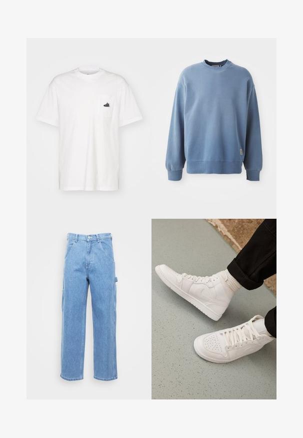 Sudadera de color azul claro hecha de tejido suave, con cuello redondo, mangas largas, puños y dobladillo acanalados, y una pequeña etiqueta de logo cerca de la parte inferior.; Camiseta de algodón blanca, con cuello redondo, mangas cortas, presenta un bolsillo en el pecho izquierdo con un pequeño detalle del logo en negro. Diseño simple y sin adornos.; Pantalones cargo de denim azul claro con pierna recta, bolsillos frontales y bolsillos laterales. La textura de la tela es suave con un acabado ligeramente desgastado.; Zapatillas altas blancas hechas de cuero suave con puntera perforada, cierre de cordones y sutil detalle del logo en el lateral. Suela de goma texturizada.
