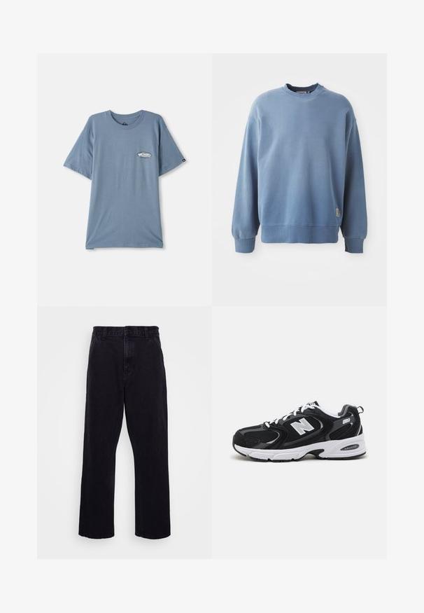 Sweatshirt bleu clair en tissu doux, avec un col rond, des manches longues, des poignets et un ourlet côtelés, et une petite étiquette de logo près du bas.; T-shirt en coton bleu à manches courtes, col ras du cou et petit logo imprimé sur le côté gauche de la poitrine. Texture douce, coupe décontractée.; Pantalons en denim noir avec une coupe droite, dotés d'une fermeture à bouton et à zip, de passants de ceinture et de coutures minimales.; Baskets de sport noires et grises avec un tige en mesh et en suède, présentant une semelle intermédiaire blanche, des lacets et un logo "N" audacieux sur le côté.