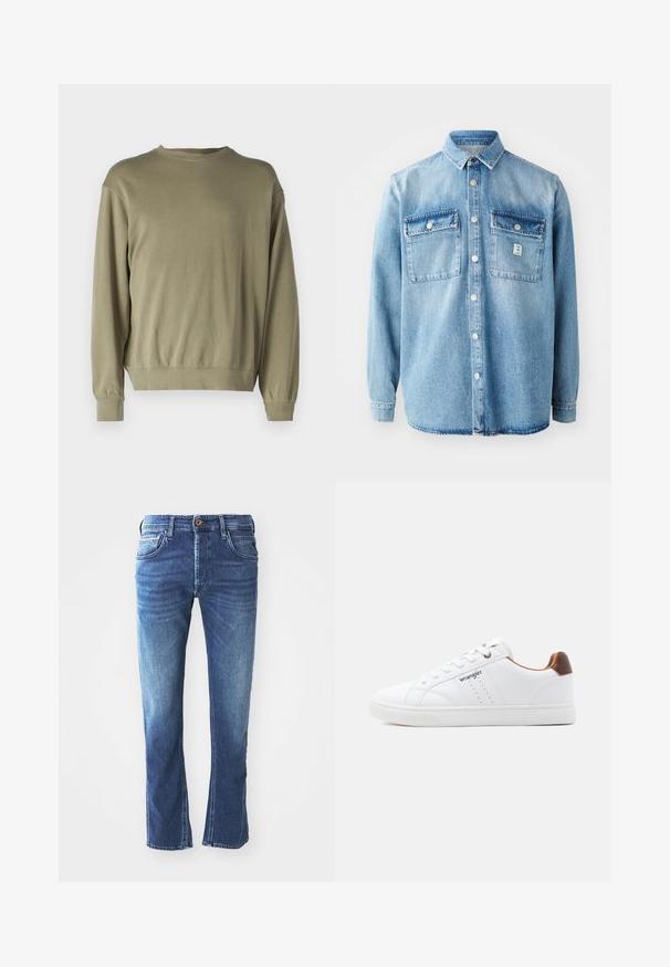 Oliven grøn, langærmet sweatshirt lavet af blødt bomuldsblanding. Har en rund halsudskæring og ribbede manchetter med en afslappet pasform.; Lys blå denimskjorte med lange ærmer, spidse krave, to brystlommer og frontknaplukning. Har en subtil stoftekstur og syningsdetaljer.; Mørkeblå denim jeans med lige ben-design, der har fem lommer, en brun knaplukning og diskret lys udtoning ved lårene.; Hvid lavtop-sneaker med hvide snørebånd, perforerede detaljer, "Wrangler"-logo på siden og brun hælaccents på ensfarvet baggrund.