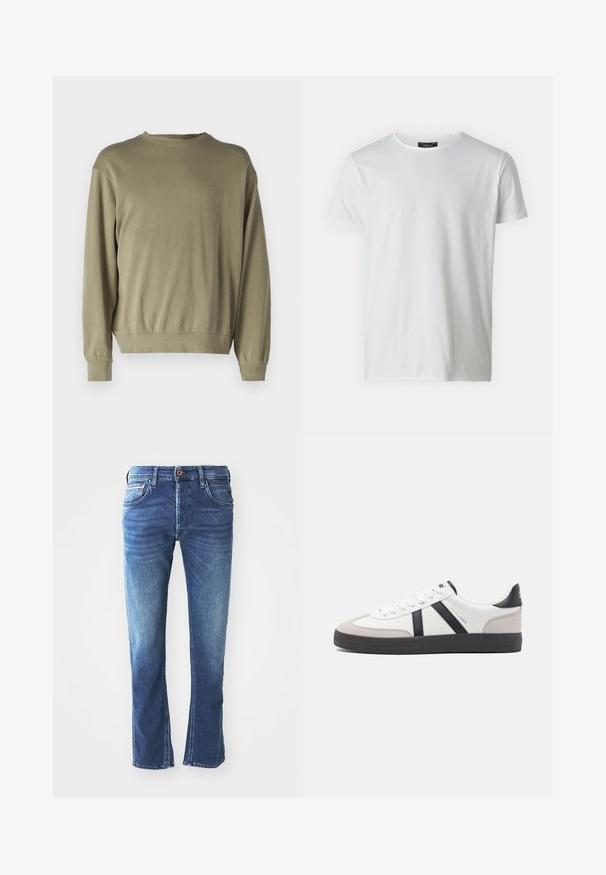Olivgrüner Pullover mit langen Ärmeln aus einer weichen Baumwollmischung. Hat einen runden Halsausschnitt und gerippte Bündchen mit einer lockeren Passform.; Weißes T-Shirt mit kurzen Ärmeln und Rundhalsausschnitt aus Baumwolle mit glatter Textur. Verfügt über ein Etikett am Kragen. Einfaches, schlichtes Design.; Dunkelblaue Jeans aus Denim mit geradem Bein, ausgestattet mit fünf Taschen, einem braunen Knopfverschluss und dezenten hellen Verfärbungen an den Oberschenkeln.; Weiße Sneaker mit schwarz- und grau-aczenten, ausgestattet mit einer strukturierten grauen Zehenkappe, schwarzer Gummi-Sohle und flachen weißen Schnürsenkeln. Sauberes Design, minimalistische Stil.