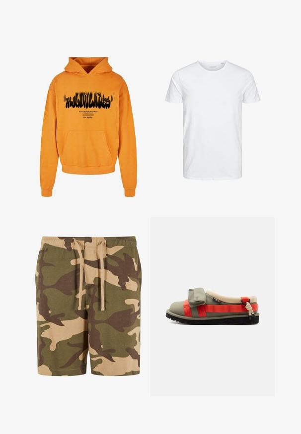 Orange Kapuzenpullover mit einer Fronttasche, ausgestattet mit schwarzem, verzerrtem Text und einem aufgedruckten Slogan in Weiß. Baumwollmaterial.; Rundhals-T-Shirt mit kurzen Ärmeln in reinem Weiß, aus weicher Baumwolle, mit einem schlichten Design ohne sichtbare Muster oder Akzente.; Camo-Shorts aus Baumwollmischung mit grünem, braunem und beigem Muster. Verfügt über einen elastischen Taillenbund mit Kordelzug. Lässiger Schnitt und knielange Form.; Hellolivgrüne Riemchensandale mit roten Riemen, beigem gepolstertem Kragen, schwarzer Sohle und verstellbarem Vorderverschluss auf weißem Hintergrund.