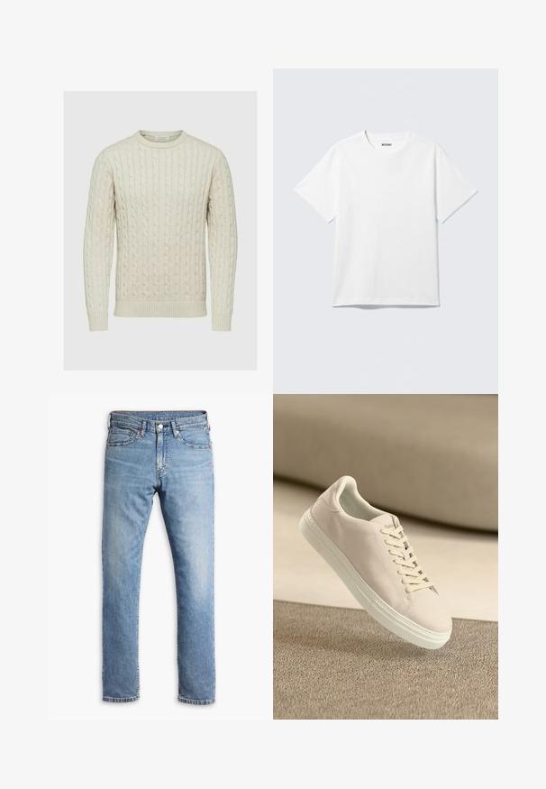 Lyse beige strikket sweater med kabelmønster, rund halsudskæring og ribbede manchetter og kant, lavet af et blødt stof.; Hvid kortærmet crewneck T-shirt lagt fladt ud, ensfarvet design, med "WEEKDAY" mærkat inde i kraven på en lys baggrund.; Lyseblå denim jeans med straight-leg design, fem lommer, kontrasterende syninger og en knap- og lynlåslukning i taljen.; Beige ruskinds sneakers med hvid sål og snørebånd, vist svævende over tekstureret beige tæppe mod en blød beige baggrund.