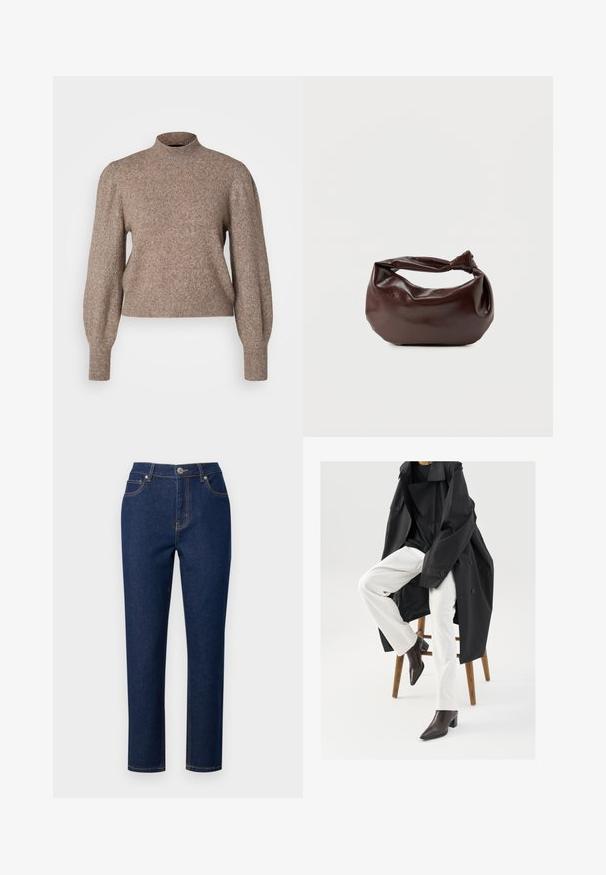 Vero Moda Petite VMDOFFY - Džemper - brown lentil melange; Tumedad sinimõõdulised teksased sirge lõikega, millel on tõmblukk, nööbikinnitus ja aktsentõmblused taskutes ning õmblustes.; Must-kollane, üli suur trench coat musta tipu peal, koos valgete pükste ja pruuni terava varbaga sokkidega, istub puidust jalal.; Tumepruunast nahast õlakott, pehme ja lõdva vormiga, keeratud sõlme tüüpi sangaga, valgel ühevärvilisel taustal.