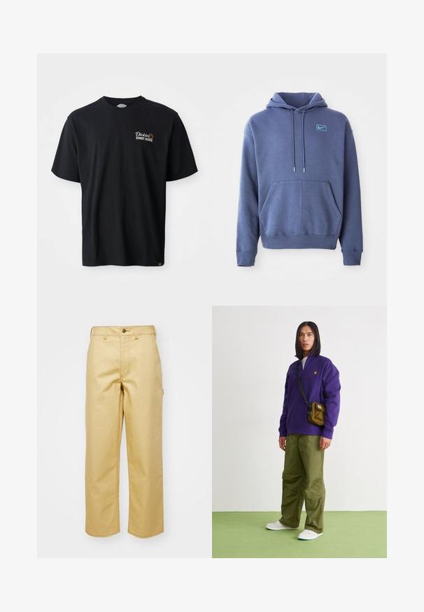 Blauer Hoodie aus weichem Stoff mit einer vorderen Kängurutasche, Kapuze mit Kordelzug und einem kleinen gestickten Logo auf der Brust.; Schwarzes Baumwoll-T-Shirt mit kurzen Ärmeln. Verfügt über ein gesticktes Logo "Dickies Donut House" im linken Brustbereich. Klassisches Rundhaldesign.; Beige, weit geschnittene Hose aus Baumwolle mit einem Knopfverschluss vorne, Gürtelschlaufen und Seitentaschen. Glatte Textur mit sichtbaren Nähdetails.; Jordan AIR JORDAN 1 ZM CMFT 2 - Sneaker high - summit white/bicoastal/oxidized green