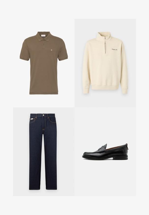 Sweat-shirt beige à demi-fermeture éclair avec col montant, poignets et ourlet côtelés, et petit logo noir sur la poitrine gauche.; Polo marron à manches courtes avec deux boutons et petit logo blanc "CK" sur la poitrine gauche.; Jean en denim bleu foncé avec une coupe droite, un design classique à cinq poches et des coutures orange contrastantes. Comprend une fermeture à bouton en métal.; Mocassin homme en cuir noir avec couture moc toe, bride penny, col texturé et petit talon empilé sur fond blanc.