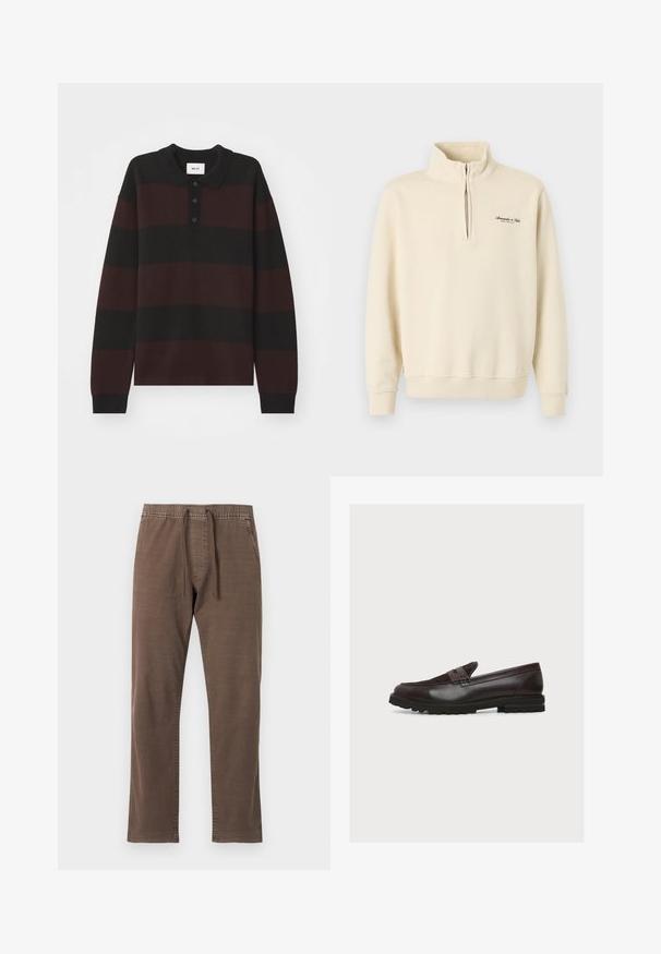 Beige quarter-zip sweater met hoge kraag, geribbelde manchetten en zoom, en een klein zwart logotekstje op de linkerborst.; NN.07 RUGBY - Longsleeve - black; Bruine casual broek met een taille met trekkoord, zijzakken, rechte pijpen en gestikte details tegen een effen lichte achtergrond.; Donkerbruine leren loafer met suède bovenkant, penny riem, gestikte details en dikke rubberen zool met profiel, getoond in zijaanzicht.