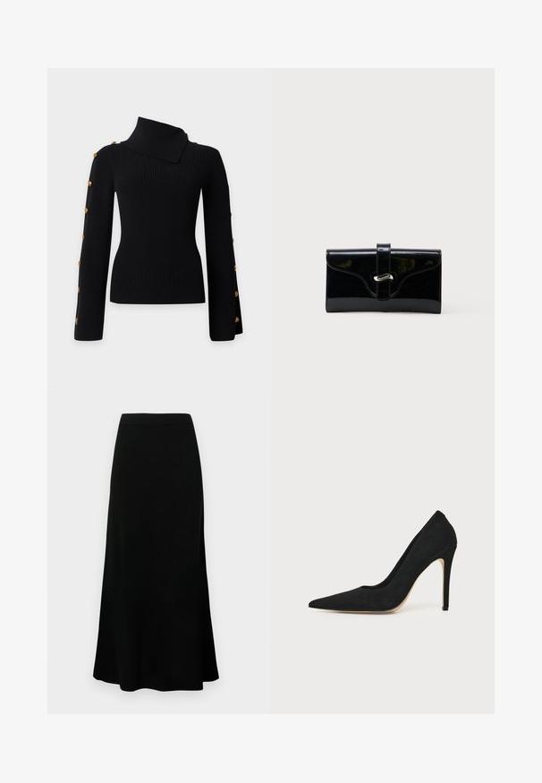 Jersey negro de canalé con mangas largas, cuello alto asimétrico y botones dorados a lo largo de las mangas exteriores.; Falda midi negra con cintura ajustada, dobladillo acampanado, textura suave y sin patrones ni acentos visibles.; Zapato stiletto negro de tacón alto con punta afilada y textura lisa, mostrado de lado sobre un fondo claro y uniforme.; Cartera rectangular negra y brillante con una correa frontal y cierre de broche metálico plateado, colocada sobre un fondo blanco liso.