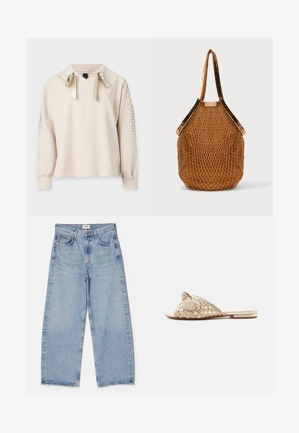 Beige sweatshirt met lange mouwen, V-hals, lintstrikjes bij de kraag, elastische boorden en patroon details op de bovenarmen.; Agolde Baggy jeans - light-blue denim; Platte slippersandaal met brede beige gevlochten bandjes die over de voet kruisen en een lage gestapelde hak tegen een witte achtergrond.; Bruine netten draagtas met vaste stoffen bodem en met pailletten versierde schouderbanden, rechtopstaand tegen een effen achtergrond.