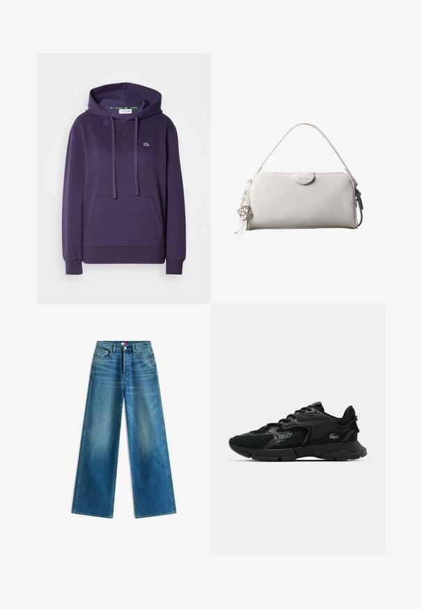 Lila Kapuzenpullover aus Baumwolle, mit einer Fronttasche, Kordelzugkapuze, gerippten Bündchen und einem kleinen grünen Krokodil-Logo auf der Brust.; Blaue Jeans mit weitem Bein, Fronttaschen, Gürtelschlaufen, Knopfverschluss und kleinen Markenflaggen-Details an Tasche und Bund.; Schwarzer Sportschuh aus Mesh und synthetischen Materialien, mit strukturierten Akzenten, Schnürdesign und prominentem Logo an der Seite.; Weiße rechteckige Calvin Klein Handtasche mit einem einzelnen Henkel, minimalistischem Design und dekorativen Quasten mit geometrischem Metallanhänger an der Seite.