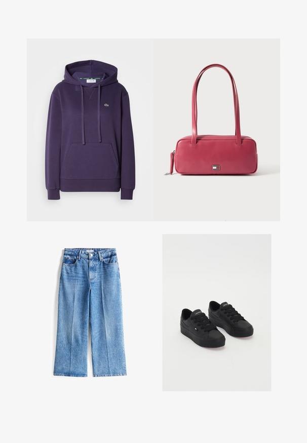 Lilla hættetrøje lavet af bomuld, med en frontlomme, snoretræk i hætten, ribbede manchetter og et lille grønt krokodillelogo på brystet.; Lysblå denim bukser med bred ben, høj talje, forsideknaplukning, fem lommer og frynsede kanter.; Sorte lavtop sneakers lavet af glat materiale, med tykke snørebånd, en struktureret sål og et lille logo på siden og tungen.; Lyserød læderhåndtaske med rektangulær form, dobbelte håndtag og en lille metalemblem på fronten, med en glat, blank tekstur.