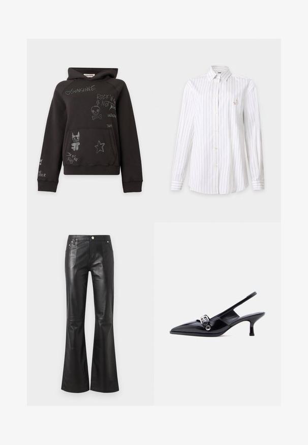 Sweat à capuche noir avec poche avant, décoré de gribouillis blancs et de texte comprenant un cœur, un crâne, une étoile et un chien de dessin animé.; Chemise blanche à manches longues avec boutons, fines rayures verticales noires et petit logo brodé sur la poche poitrine gauche.; Pantalon taille haute en simili cuir noir avec jambes évasées, fermeture devant par bouton et fermeture éclair, poches devant et derrière.; Chaussure à talon bas en cuir verni noir avec bride arrière, bout pointu et détail boucle argentée sur fond blanc uni.